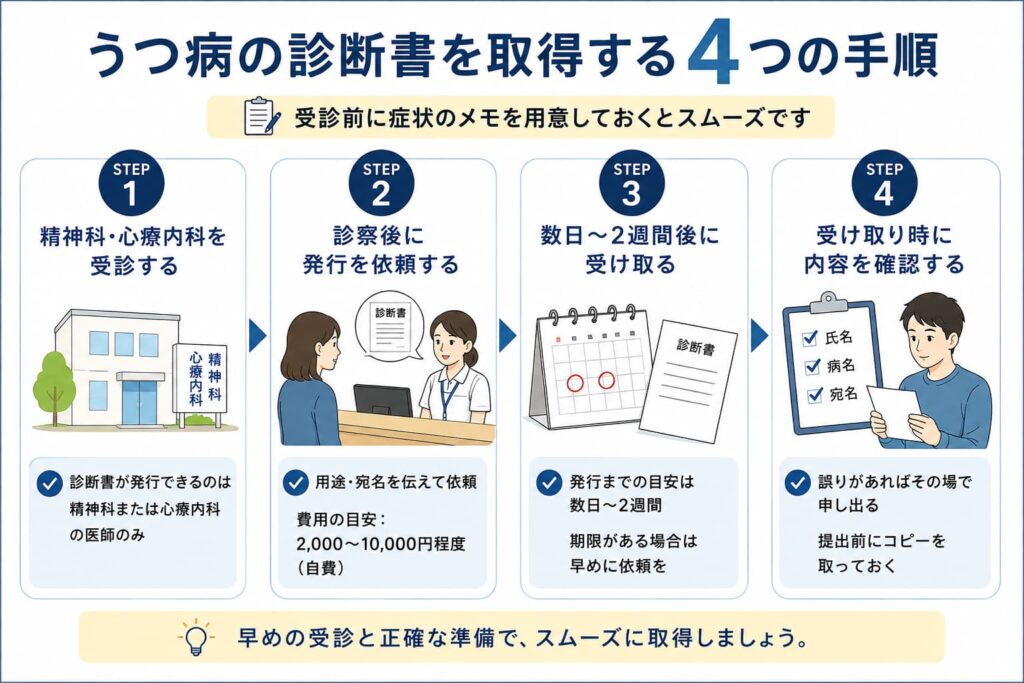 うつ病の診断書を取得する手順について解説した画像