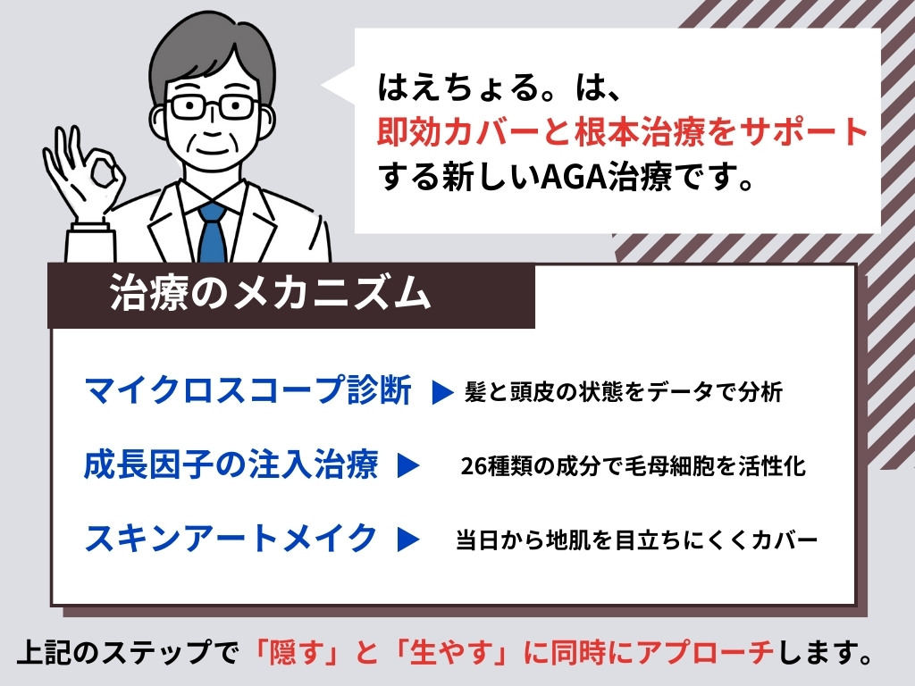 「はえちょる」とは、即日で見た目をカバーする即効性と、毛根から髪を育てる根本治療を同時に行える新しいAGA治療